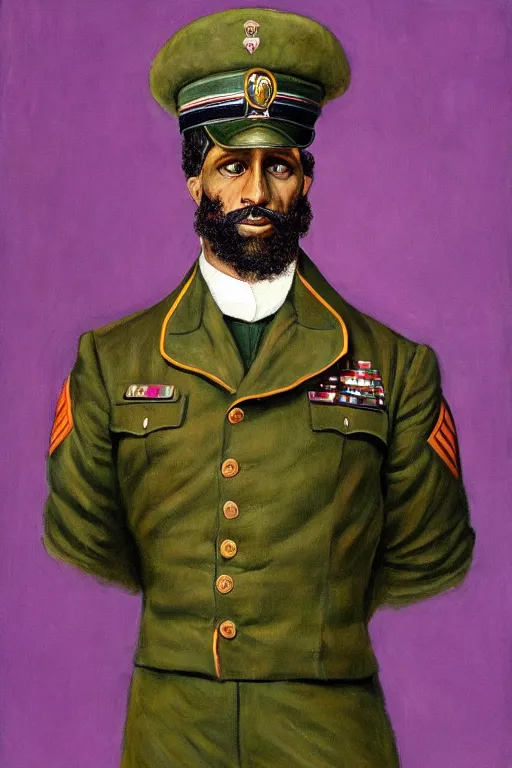 Image similar to full body portrait of the dictator of the milwaukee bucks, 1 8 8 9, in full military garb, purple, on canvas by william sidney mount, trending on artstation