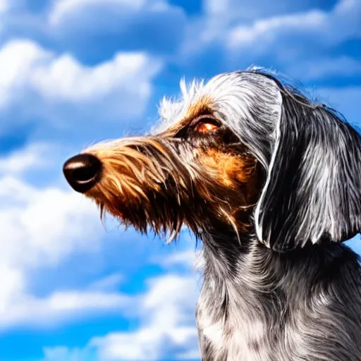 Image similar to an elderly, grey wire-haired dachshund floating in heaven, blue sky, surrounded by beautiful white clouds, with a halo