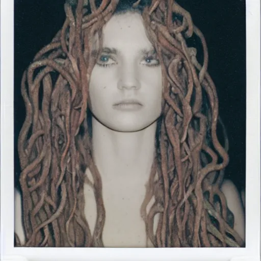 Image similar to a very beautiful polaroid picture of medusa with detailed snake hairs, award winning photography