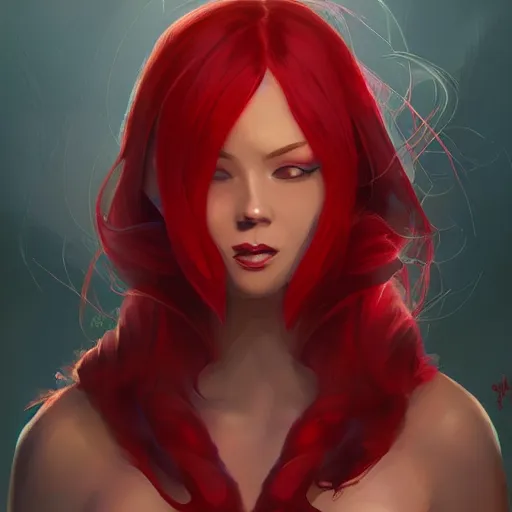 Image similar to a beautiful artwork of a woman with red dress and red hair by riot games, featured on artstation