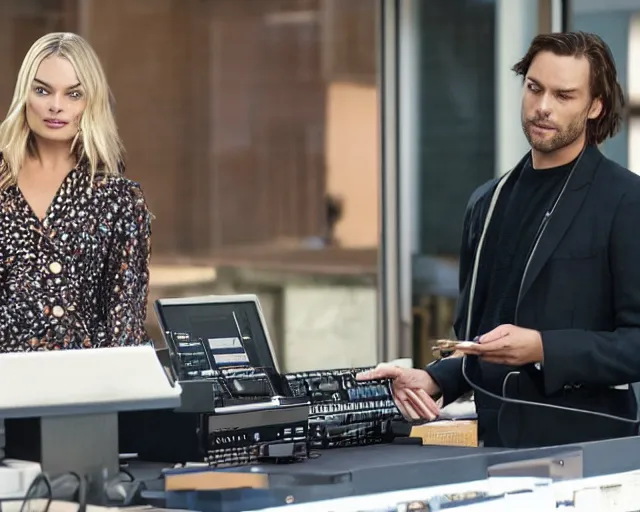 Prompt: sp - 4 0 4 audio sampling workstation being used by margot robbie, award winning product advertising still, 4 k 8 k 1 6 k