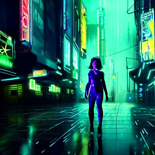 Image similar to jennifer connely starring in a cyberpunk movie in a distopic futuristic city in the style of bladerunner, movie still, highly detailed, rainy night, volumetric lights, dramatic, scifi