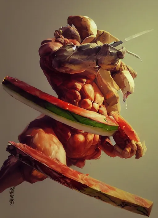 Image similar to semi reallistic gouache gesture painting, by yoshitaka amano, by ruan jia, by conrad roset, by dofus online artists, detailed anime 3 d render of an alien monstrous using a katana to cut a watermelon, portrait, cgsociety, artstation, rococo mechanical, digital reality, sf 5 ink style, dieselpunk atmosphere, gesture drawn