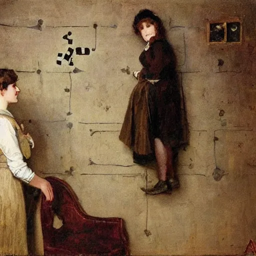 Image similar to a young man and a young woman solving an escape room puzzle, mysterious markings on the wall, by alfred stevens