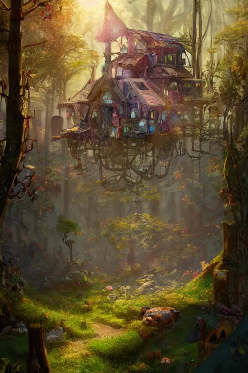 Image similar to a cheerful and whimsical ramshackle multistory hut in the woods, intricate, elegant, fantasy, highly detailed, digital painting, concept art, sharp focus, illustration, beautiful volumetric lighting, artstation, magic hour lighting, colorful, sunshine, springtime