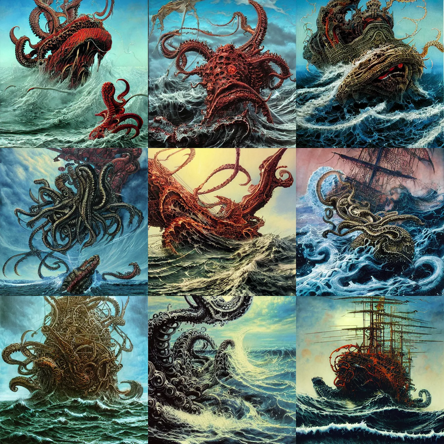 Prompt: realistic detailed image of Kraken attacking a ship by Ayami Kojima, Amano, Karol Bak, Greg Hildebrandt, and Mark Brooks, Neo-Gothic, gothic, rich deep colors. Beksinski painting, part by Adrian Ghenie and Gerhard Richter. art by Takato Yamamoto. masterpiece