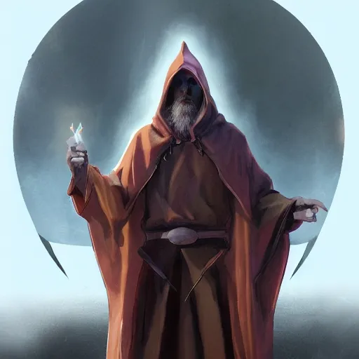 Image similar to A hooded young bearded male mage summoning a daemon matte painting Moebius concept art ArtStation trending lighting award winning photography