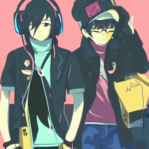 Prompt: twin japanese anime boys, short boys, long black hair, headphones, rollerblades, cel - shading, 2 0 0 1 anime, flcl, jet set radio future, the world ends with you, futuristic city, japanese city, colorful buildings, cel - shaded, strong shadows, vivid hues, y 2 k aesthetic, art by artgerm