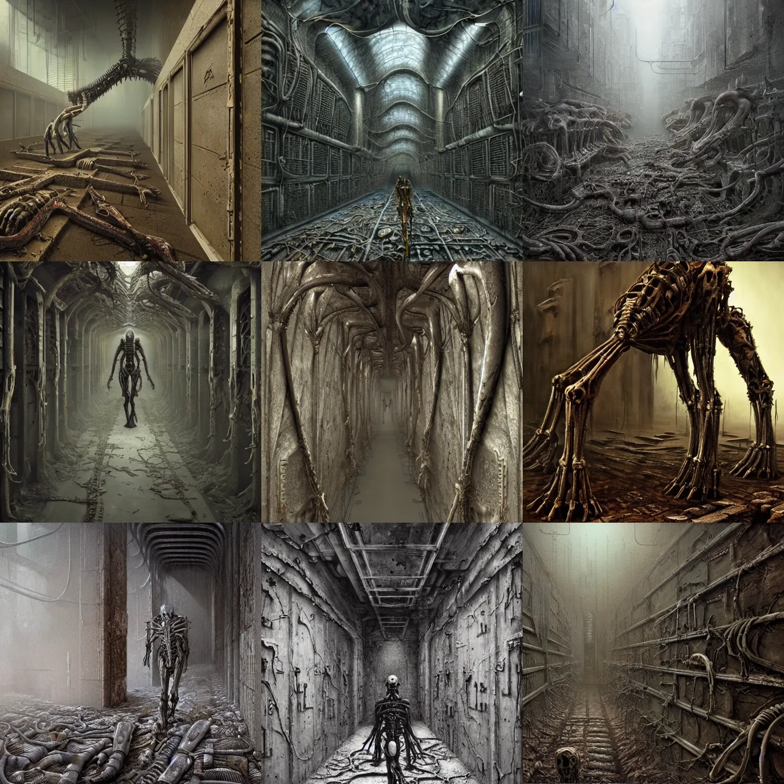 Prompt: A sci-fi biomechanical corridor made out of flesh and bones in a post-apocalyptic environment, Scorn Video Game, Horror, Sci-Fi, Zdzisław Beksiński, H.R. Giger, photorealistic, 4k, hyper-defined