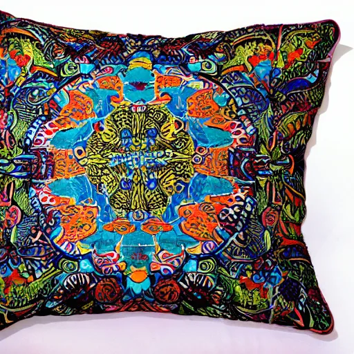 Image similar to the most amazing pillow every made, product shot, intricate, fine detail, full maximalist print