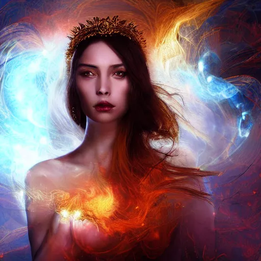 Image similar to masterpiece portrait of an aesthetic beautiful realistic fire mage woman, 3 0 years old woman, dark hair with lighter colorful strands, wearing a thin golden diadem with ruby inlays, digital painting by joachim bergauer, atmospheric effects and fog, chaotic fractal fog and sparks dynamics in the background, intricate, 8 k, octane render, artstation, deviantart, instagram