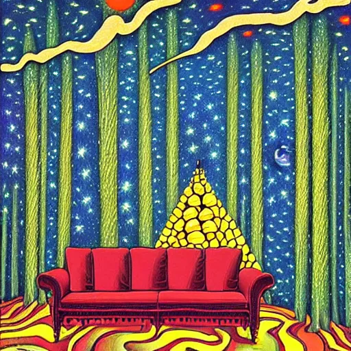 Prompt: psychedelic trippy couch pine forest, planets, corn, milky way, sofa, cartoon by rob gonsalves