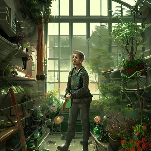 Image similar to scifi greenhouse boy with grandma, artstation