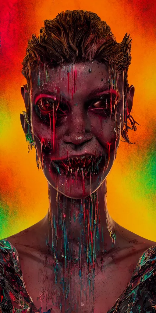 Image similar to impossibly beautiful vampire with large vampire fangs, full body, intricate complexity, horror, psychedelic glitch art, rainbow drip paint, trending on art station, photoreal, 8k, octane render