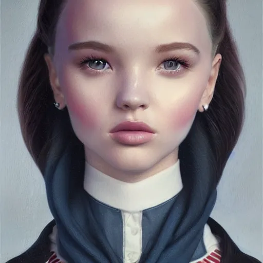 Image similar to tom bagshaw portrait, very beautiful mix of dove cameron madison beer bella poarch in a sailor suit, short thin redhead, professionally retouched, focus eyes, ultra realistic soft painting, insanely detailed linework, symmetrical accurate intricate features, behance artstation, 8 k, - signature