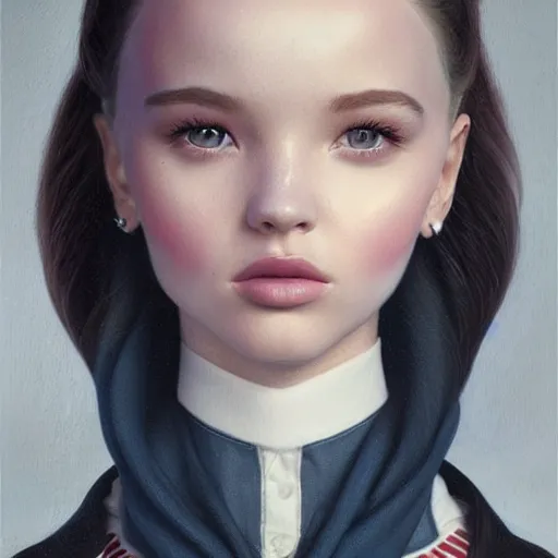 Prompt: tom bagshaw portrait, very beautiful mix of dove cameron madison beer bella poarch in a sailor suit, short thin redhead, professionally retouched, focus eyes, ultra realistic soft painting, insanely detailed linework, symmetrical accurate intricate features, behance artstation, 8 k, - signature