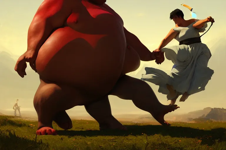 Image similar to a dynamic painting of a medieval sorcerer fighting a gigantic white fat monster, obese monstrosity fight by ilya kuvshinov and jeremy lipking and quentin mabille, realism, ultra detailed, 8 k resolution