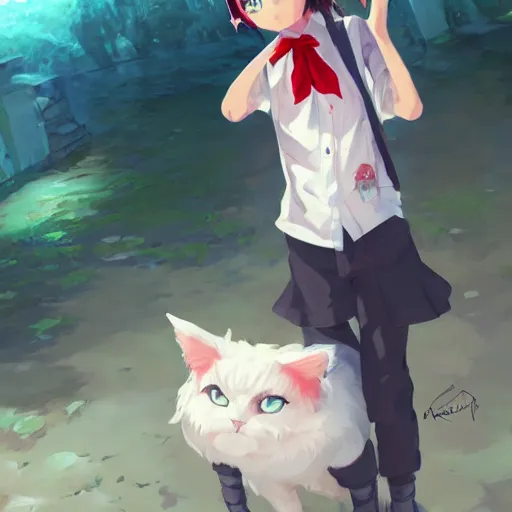 Image similar to anime woman with fluffy cat ears holding a bag of sugar, a little boy wearing white shirt and red tie, digital artwork, in the style of krenz cushart y eddie mendoza and tyler edlin