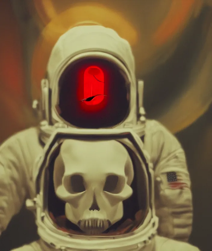 Image similar to a portrait of an astronaut, his head is a skull, the skull is screaming, mysterious, very aesthetic, cinematic and dramatic red light, in the style of edward hopper 4 k,