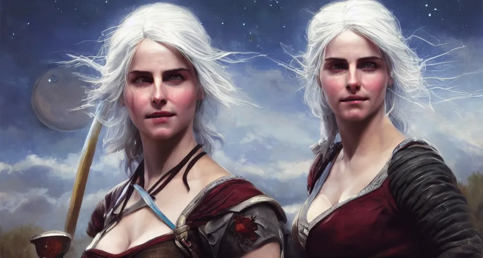 Prompt: ciri from the witcher vaholds the sun and the moon, in the background you can see the universe. by Daniel F. Gerhartz, hyperrealistic oil painting, 4k, very detailed faces, studio lightning