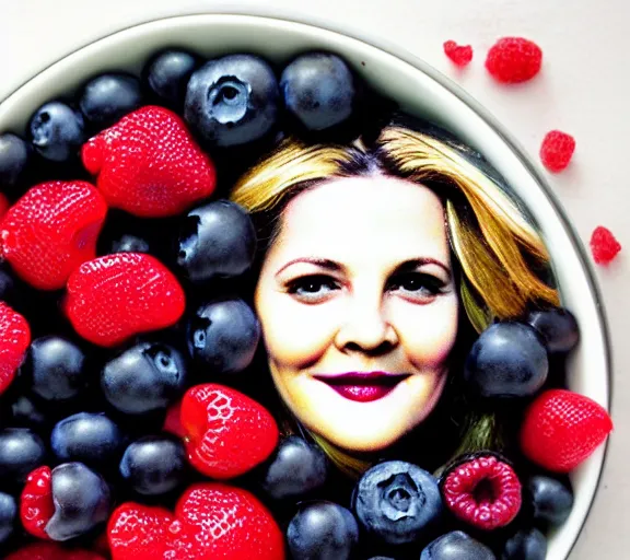 Image similar to drew barrymore face made of blueberries blackberries strawberries cranberries raspberries, closeup detailed