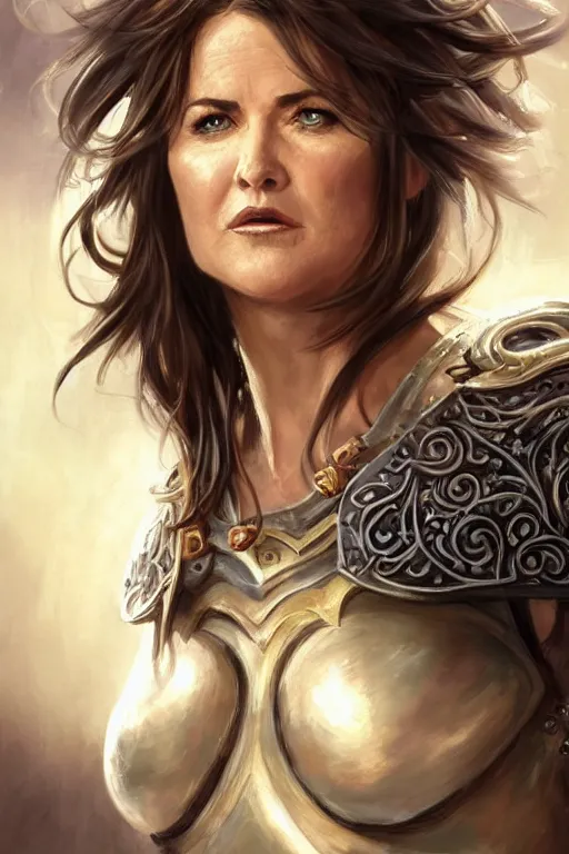 Image similar to a finely detailed portrait of Lucy Lawless, clothed in battle armor, olive skin, long dark hair, beautiful bone structure, symmetrical facial features, intricate, elegant, digital painting, trending on Artstation, concept art, smooth, sharp focus, illustration, from World of Warcraft, by Ruan Jia and Mandy Jurgens and Artgerm and william-adolphe bouguerea, award winning