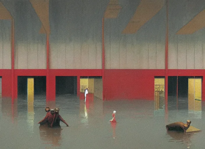 Image similar to flooded floor inside Amazon fulfillment center, people stacked on shelves in red plastic bags, flooded Edward Hopper and James Gilleard, Zdzislaw Beksinski, highly detailed