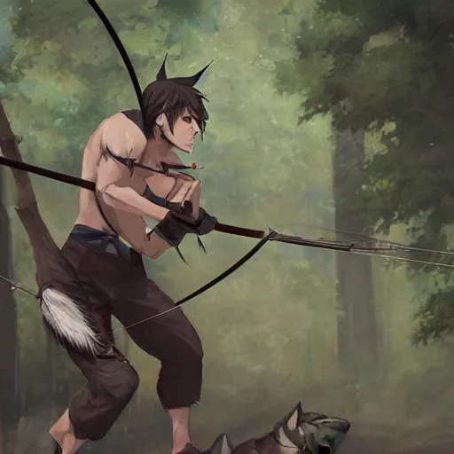 Image similar to muscular wolf archer aiming for a tree, fursona, anthro, male, detailed fur, detailed clothing, painting, makoto shinkai