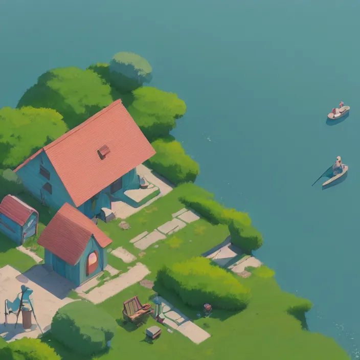 Image similar to isometric view of a lovely cottage standing in the middle of a lake, plain background, cory loftis, james gilleard, atey ghailan, makoto shinkai, goro fujita, studio ghibli, exquisite lighting, clear focus, very coherent, soft painting