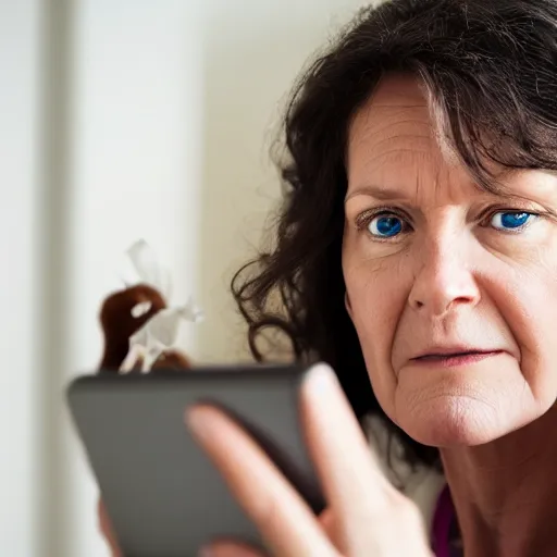 Prompt: photo of your mom watching you playing discord , with staring eye