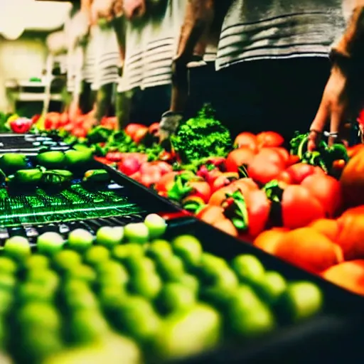 Image similar to film still of fresh produce making beats