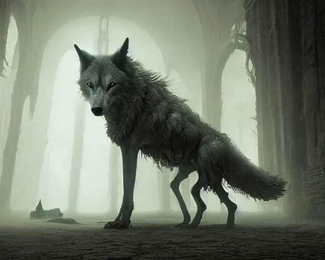 Prompt: king of the wolves - fantasy, inside the king's hall wolves and their treasures, ethereal, ominous, misty, 8 k, by h. r. giger and greg rutkowski, the last guardian by fumito ueda - elden ring