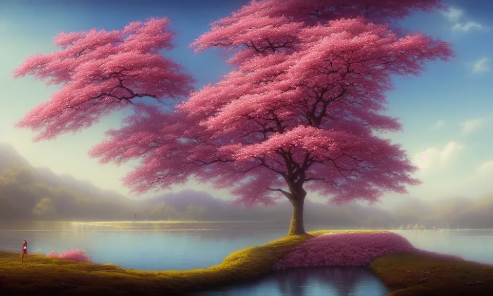 Prompt: a beautiful landscape matte painting of cherry trees with petals flying in the sky, beside a river, by christophe vacher, trending on artstation