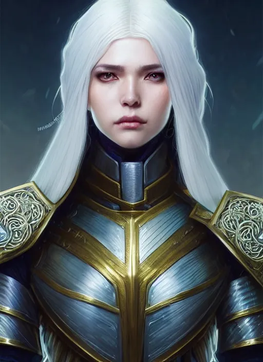 Image similar to light iridescent armor!!! long wild white hair!! covered chest!!! fantasy, d & d, intricate ornate details, digital painting, pretty face!!, symmetry, concept art, sharp focus, illustration, art by artgerm! greg rutkowski magali villeneuve wlop! ilya kuvshinov!!, octane render