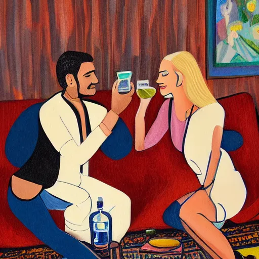 Image similar to painting of indian guy and blonde swedish girl drinking gin and tonics on the couch