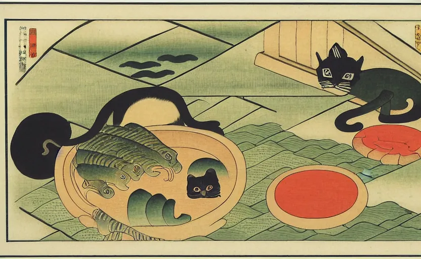 Image similar to business dashboard with time series charts, pie plots and other modern graphics, with small creatures swimming on it. diego rivera ( in ukiyo - e style ). ravi supa. cat