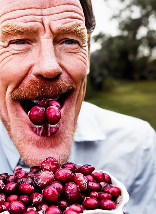 Image similar to bryan cranston bulging cheeks eating cranberries, open mouth filled with cranberries, studio light, bloom, detailed face, magazine, press, photo, steve mccurry, david lazar, canon, nikon, focus