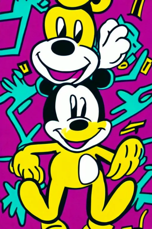 Prompt: Poster illustration of Mickey Mouse, full shot, Keith Haring style