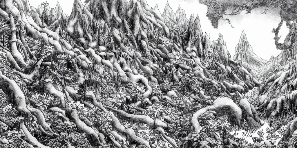 Image similar to illustration of a fantasy forest on the mountanside, monochrome, manga style, by Kentaro Miura, sharp, dramatic lighting