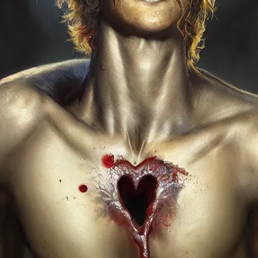 Image similar to UHD closeup of a Photorealistic boy with a giant gaping hole in his chest, heart broken, blood gushing forcefully by Antonio Caparo and Ferdinand Knab and Greg Rutkowski, UHD, photorealistic, trending on artstation, trending on deviantart