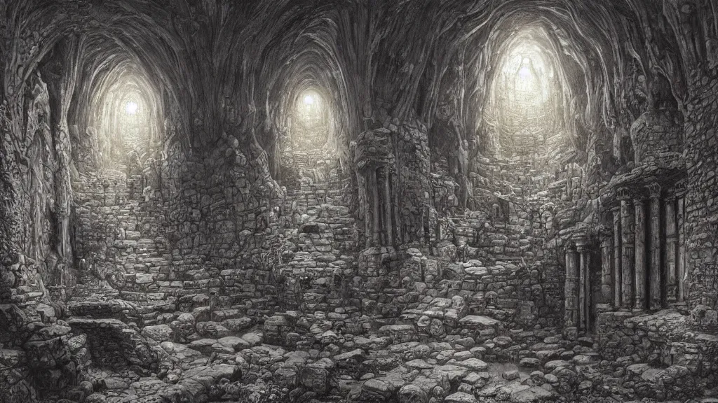 Prompt: magnificent dwarven city in underground cavern, worked stone, light shafts, imposing architecture, fantasy art, 8 k, by gustave dore, donato giancola, thomas kinkade