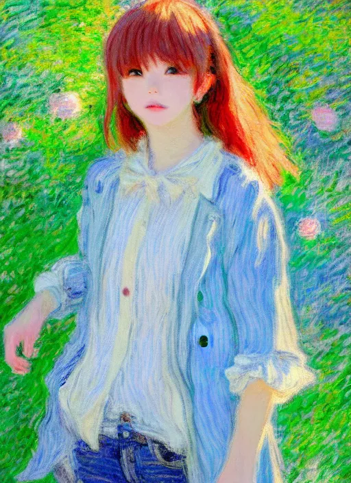 Image similar to a girl wearing thrifty clothing, very anime, trending artwork, 4 k, anime painter studio, an impressionist style by claude monet