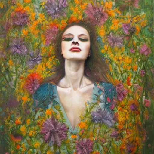 Image similar to portrait of a beautiful woman corpse covered in flowers in the middle of a Forest, ray gods, oil paint,