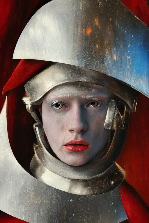 Image similar to hyperrealism oil painting, close - up portrait of albino medieval fashion model, knight, steel gradient mixed with nebula sky, in style of baroque