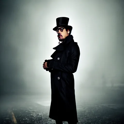 Prompt: photograph portrait of robert downey junior with a trenchcoat and tophat, rain, night, dense fog, hyperdetailed