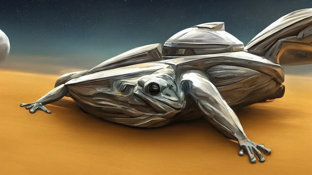 Prompt: a beautiful digital artwork of a futuristic diamond frog spaceship in a galaxy of sand, trending on artstation, realistic