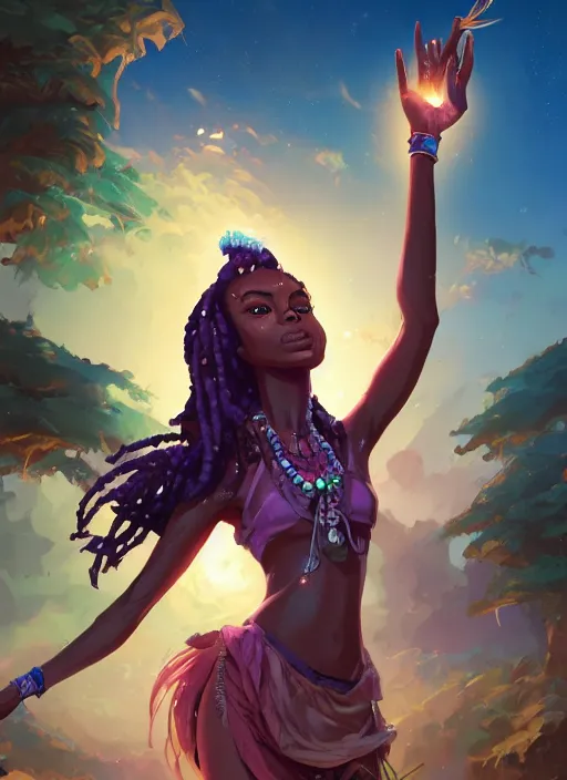 Image similar to beautiful black woman casting magical spells with powerful crystals, beaded dreadlocks and kemetic imagery, 2 d game fanart behance hd by jesper ejsing, by rhads, makoto shinkai and lois van baarle, ilya kuvshinov, rossdraws, dramatic sunset, global illumination, radiant light, detailed and intricate environment