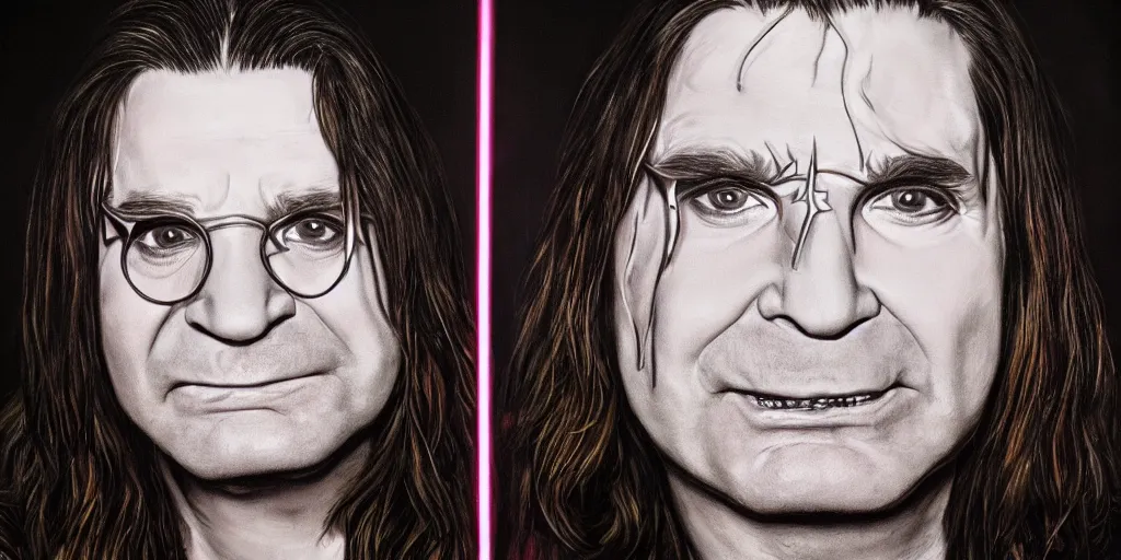 Image similar to detailed portrait of Ozzy Osbourne, neon light, hyper realistic, with horns on his head
