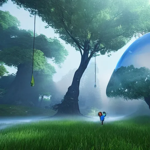 Prompt: one giant water bubble carrying the tree of live, make the water bubble slightly bigger. Change the ground to grass fantasy. Make background a giant elfen forrest. LOTR of style, unreal engine, 8K