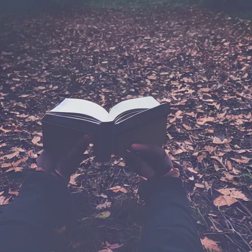 Image similar to book on the ground of the woods, horror, scary, dramatic lighting, shadows, monster